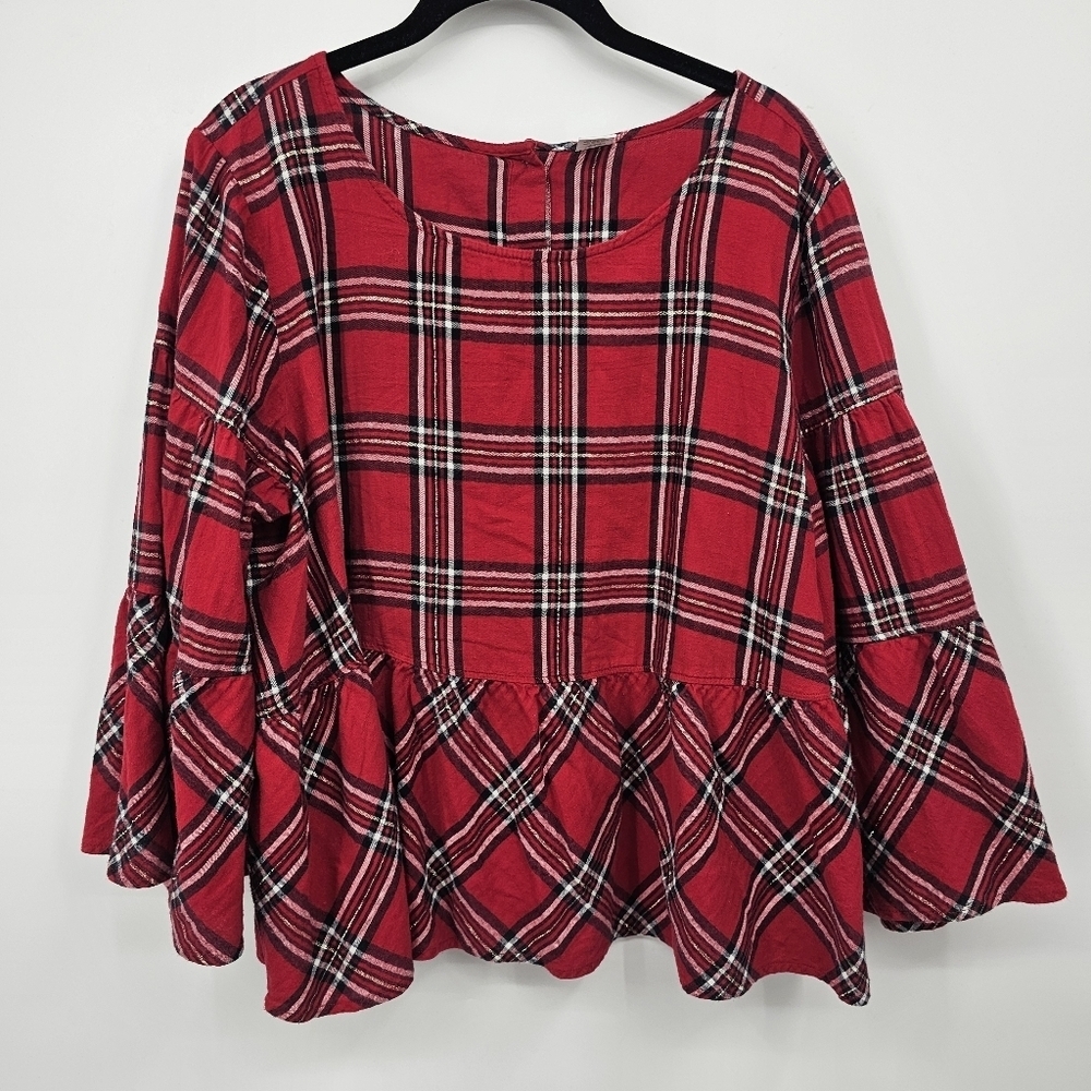 Peyton‎ & Parker Red Plaid Flannel Peplum Hem Top Size XL